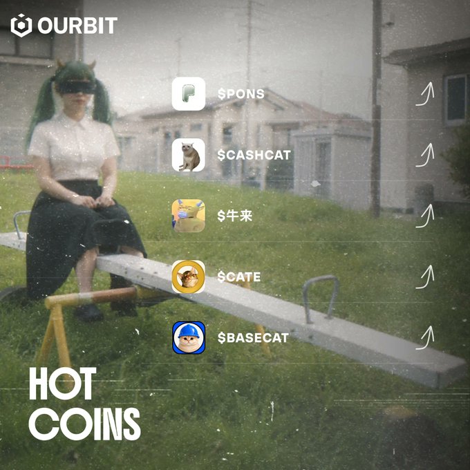An OURBIT promotional graphic featuring a list of 'HOT COINS' including $PONS, $CASHCAT, $牛来, $CATE, and $BASECAT, each marked with an upward trend arrow, overlaid on a vintage photo of a child in a Santa outfit on a seesaw.