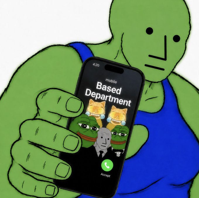 Cartoon-style illustration of a large, simplified green figure in blue overalls holding a smartphone displaying an incoming call from "Based Department", with the caller ID represented by a collage of meme faces including Pepe the Frog.