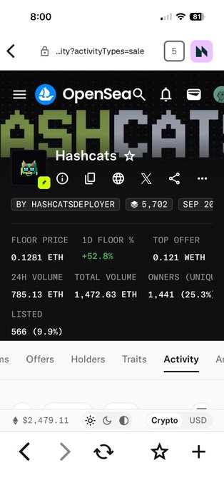 A mobile screenshot of OpenSea showing the 'Hashcats' NFT collection with a floor price of 0.1281 ETH and 24H volume of 785.13 ETH.