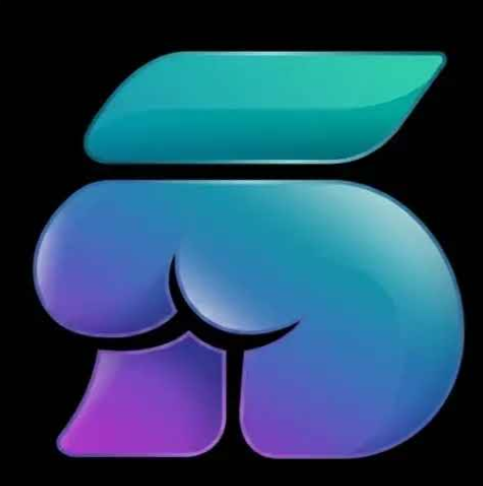 A digital graphic logo featuring a stylized, glossy teal and purple character or symbol on a black background.