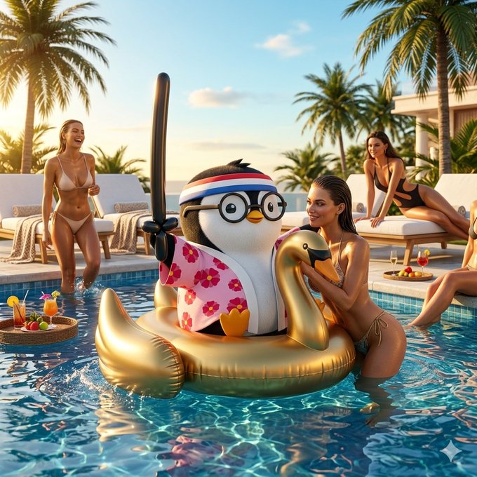 An AI-generated pool party scene featuring a penguin mascot wearing a headband and glasses floating on a golden inflatable while holding a sword, surrounded by women in swimsuits.