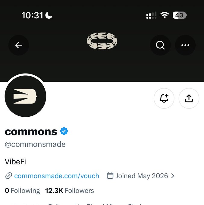 Screenshot of the verified X/Twitter profile for @commonsmade (display name "commons"), showing 12.3K followers, joined May 2026, with bio "VibeFi" and link to commonsmade.com/vouch — matching the airdrop instructions to visit that vouch page.