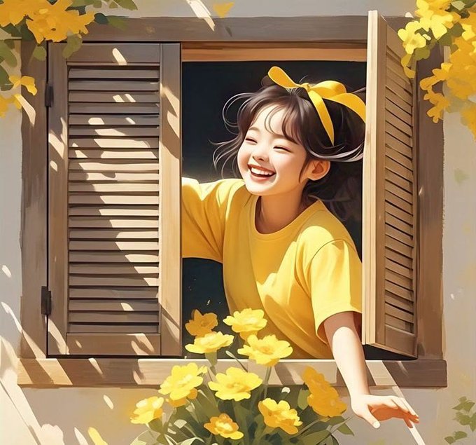 A digital illustration of a smiling girl with a yellow bow leaning out of a wooden window surrounded by yellow flowers, wearing a yellow shirt.