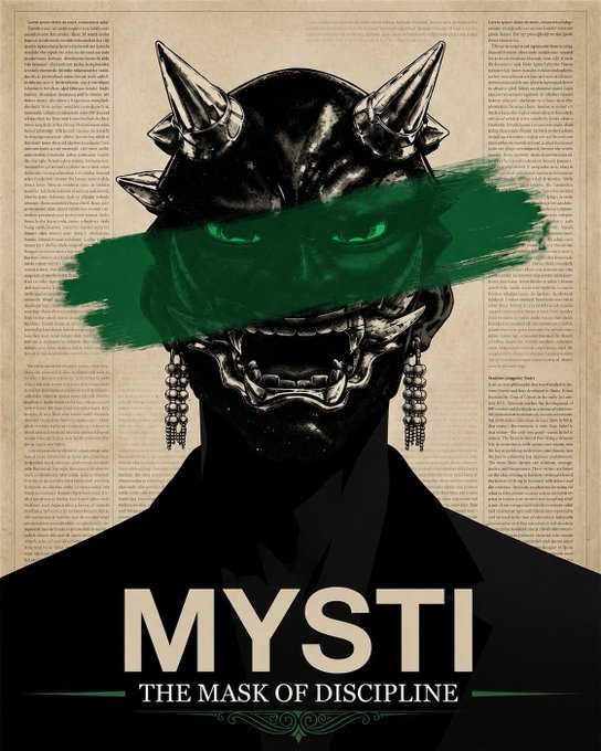 A poster titled "MYSTI: THE MASK OF DISCIPLINE" depicts a horned, demonic-looking figure with a green paint smear across its eyes against a newspaper-text background.
