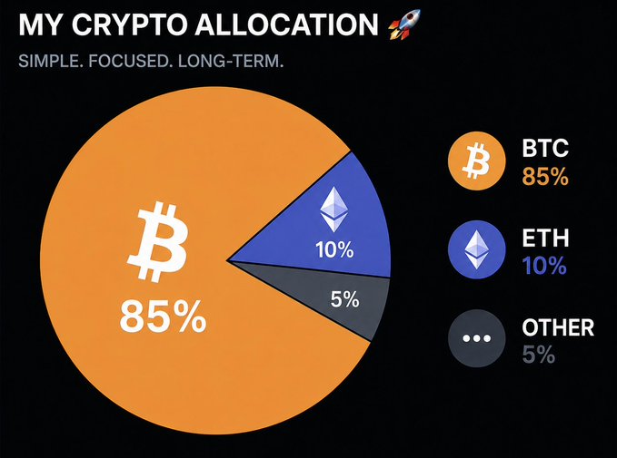 A pie chart titled 'MY CRYPTO ALLOCATION' with the subtitle 'SIMPLE. FOCUSED. LONG-TERM.' showing BTC at 85%, ETH at 10%, and OTHER at 5%.