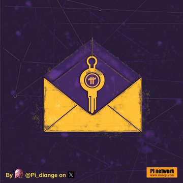 A graphic features a yellow envelope on a dark purple background, stamped with a golden Pi (π) symbol designed as a key, accompanied by text crediting "@PL.diance on X" and the "Pi network" logo. The image visually represents the post's message by depicting Pi Network as the small key to a vast future, symbolized by the Bitcoin-style key imagery contained within the Pi-branded envelope.