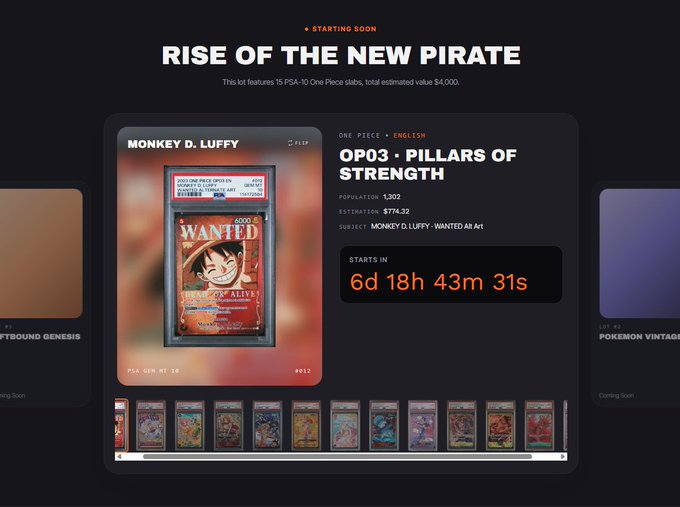 The image shows an auction page for Pokémon cards, specifically focusing on Pokémon cards from the Pokemon era. The auction has a timer showing that it will start soon at 6:43 am. There are multiple Pokémon cards displayed on the screen, including one with a picture of a character named One Piece and another featuring a character called Ronin. The image also includes text about community milestones and rewards for participating in the auction.