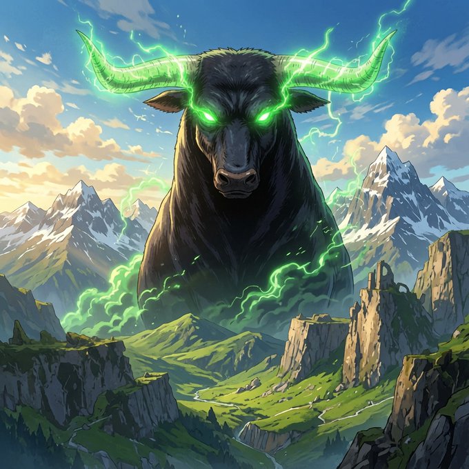 An anime-style illustration of a massive, shadowy bull with glowing green eyes and green lightning emanating from its horns stands amidst a mountainous landscape.