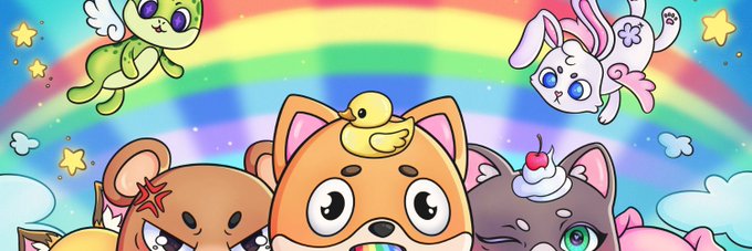 A colorful, kawaii-style illustration featuring cartoon animal characters, including a bear with a chick on its head, a bunny, and a cat with a cupcake, set against a rainbow background with stars.