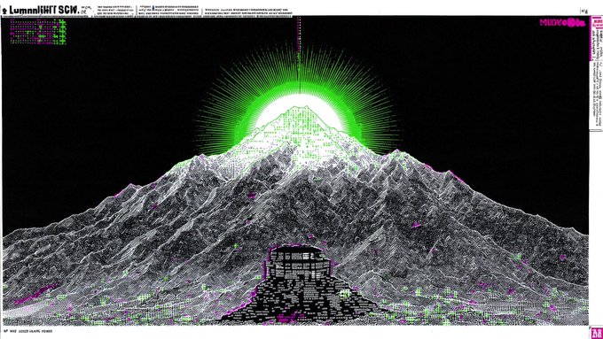 A digital wireframe mountain landscape with a glowing green sun, displayed on what appears to be an old computer interface with text including 'LUMINANTI SCN.'