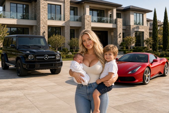 A blonde woman holding a baby and a young boy stands in a driveway in front of a mansion, flanked by a black Mercedes G-Wagon and a red Ferrari.
