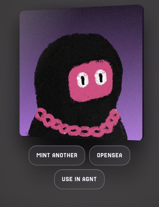 An NFT-style digital artwork showing a black hooded figure with a pink face, white eyes, and a pink chain necklace against a purple background, with buttons labeled 'MINT ANOTHER', 'OPENSEA', and 'USE IN AGNT'.