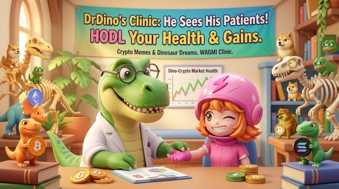 A colorful cartoon illustration depicting 'DrDino's Clinic' with a friendly dinosaur doctor examining a young girl, surrounded by smaller dinosaurs, Shiba Inus, and cryptocurrency logos including Bitcoin and Ethereum.