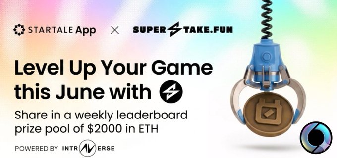 The image features a poster for a game called "June Missions" that is now live on the Startale App, built specifically for Soneium. The poster encourages users to participate by exploring and playing SuperStake Mini Apps powered by IntraVerse. It also mentions that there are rewards available in the form of STAR Points, which can be earned by completing missions or other tasks within the game.