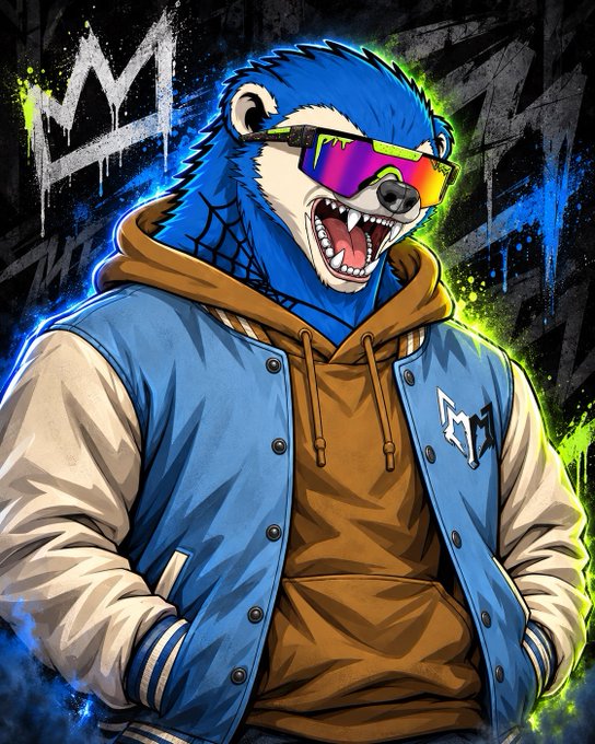 An illustration of a fierce blue bear wearing reflective sunglasses and a varsity jacket, with neon green accents and graffiti-style art in the background.
