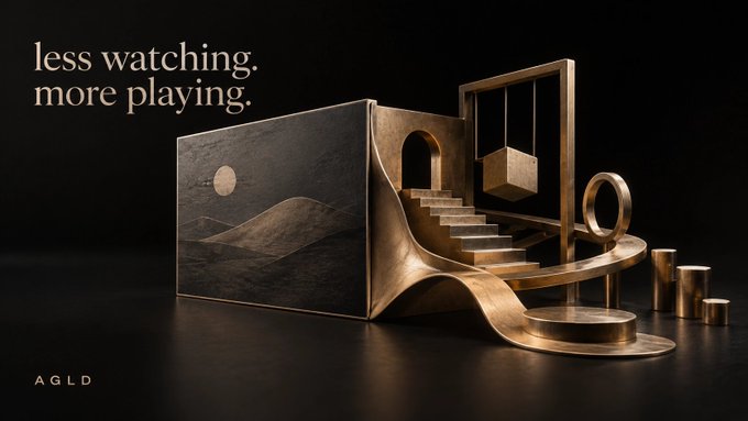 A promotional advertisement for AGLD with the tagline 'less watching, more playing,' featuring a 3D-rendered metallic cube with a staircase, slide, and pendulum design element on a dark background.