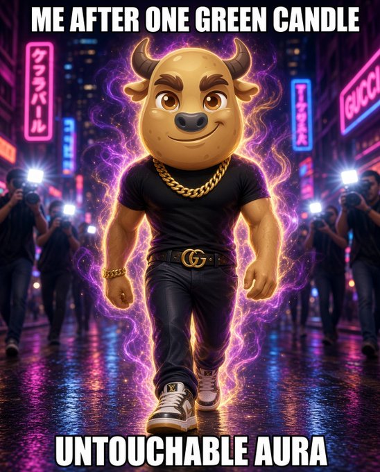 A meme image featuring a cartoon bull in a black t-shirt, gold chain, and Gucci belt walking with a purple aura, captioned 'ME AFTER ONE GREEN CANDLE' at the top and 'UNTOUCHABLE AURA' at the bottom.