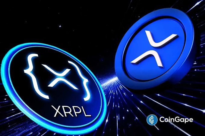 A digital illustration shows the XRP and XRPL cryptocurrency logos on blue circular coins against a cosmic background with light streaks, branded with a CoinGape watermark, visually representing the XRPL security patch update referenced in RippleX's announcement.