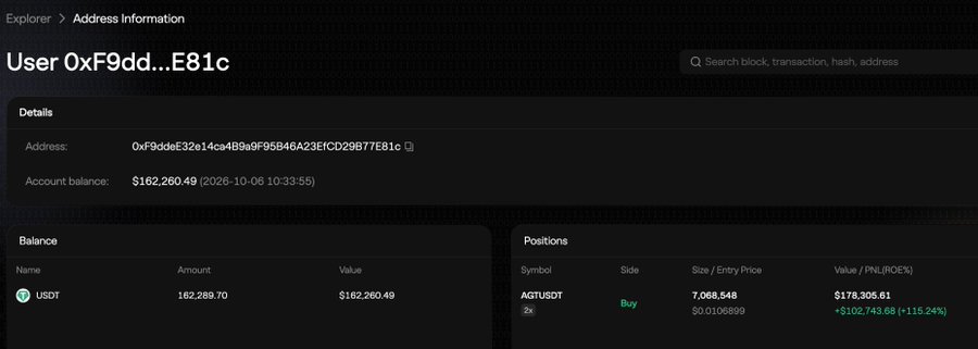 An 'Address Information' page for User '0xF9dd...E81c' showing an account balance of $162,260.49 and an AGTUSDT position with a PNL of -115.24%.