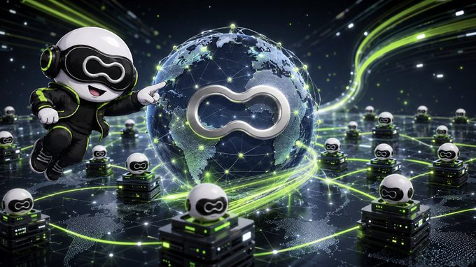 A futuristic digital illustration featuring a cartoon character in VR goggles pointing at a glowing globe, surrounded by a network of robotic figures connected by neon green energy streams.