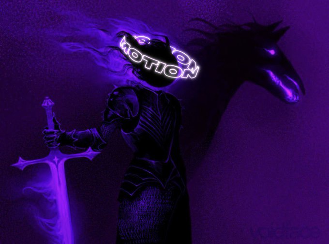 A dark, purple-tinted digital artwork shows an armored knight holding a glowing sword with 'NOTION' text floating around the helmet, accompanied by a shadowy dragon-like creature in the background.