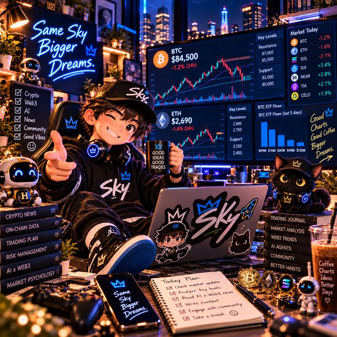 An anime-style digital illustration of a character wearing a 'Sky' cap and hoodie, surrounded by crypto trading elements with text 'Same Sky Bigger Dreams', displaying BTC at $84,500 and ETH at $2,690.