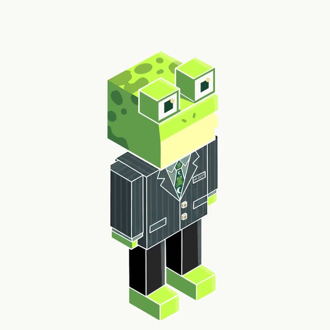 An isometric 3D character features a blocky green frog head wearing a pinstripe suit jacket with a green tie and dark pants.