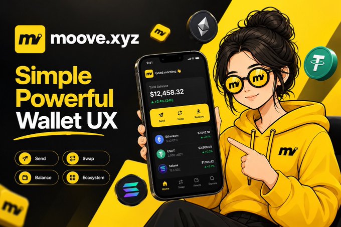 Promotional graphic for 'moove.xyz' cryptocurrency wallet featuring the text 'Simple Powerful Wallet UX' with feature buttons for Send, Swap, Balance, and Ecosystem alongside an anime-style character holding a phone showing a balance of $12,458.32.