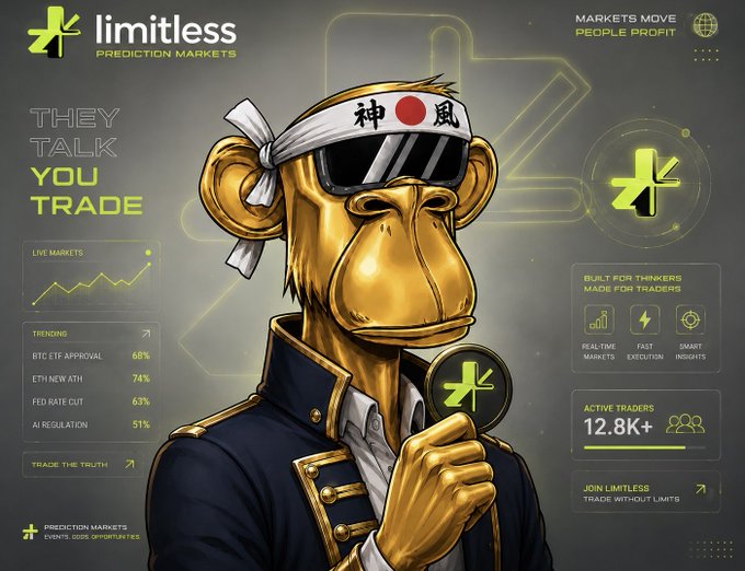Advertisement for Limitless Prediction Markets featuring a golden monkey wearing a headband, with the slogans 'THEY TALK YOU TRADE' and 'MARKETS MOVE PEOPLE PROFIT,' listing trending markets like BTC ETF Approval (68%) and ETH NEW ATH (74%).
