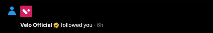 A Twitter notification showing "Velo Official ✅ followed you · 6h" alongside a red Velo logo icon, confirming the follow-back acknowledgment mentioned in the post thanking @veloprotocol.