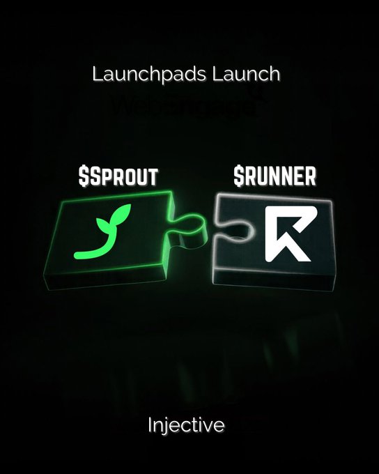 A promotional graphic for "Launchpads Launch" featuring two puzzle pieces labeled "$SPROUT" (green plant logo) and "$RUNNER" (white R logo), with "Injective" at the bottom.