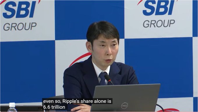 A man in a suit sits at a press conference with SBI Group logos behind him, with subtitles reading "even so, Ripple's share alone is 6.6 trillion," corresponding to the post's claim that this figure equals $41.25 billion for $XRP.