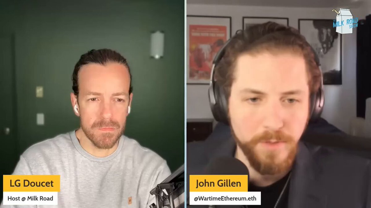 The image shows two men's headshots with the text overlay stating "Ethereum is at all-time high network usage with all-time low fees. The staking queue keeps climbing. @Fundstrat has 80% of its $ETH staked". One man appears to be in a relaxed position and looking off into the distance, while the other has his eyes open wide as if he's listening closely. The image seems to showcase a conversation or exchange related to Bitcoin or digital assets between two individuals with different levels of involvement or interest.