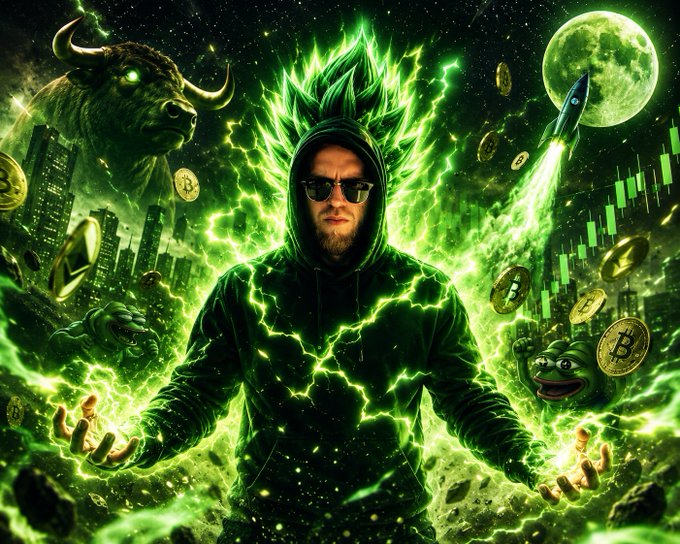 A digital artwork of a hooded figure with sunglasses surrounded by green energy, with a bull, Bitcoin coins, a rocket, and a Pepe frog, alongside a candlestick chart.