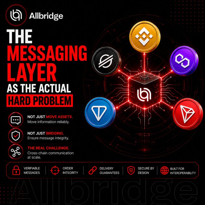 A promotional graphic for 'Allbridge' titled 'THE MESSAGING LAYER AS THE ACTUAL HARD PROBLEM,' featuring cryptocurrency logos and emphasizing cross-chain communication with verifiable messages and order integrity.
