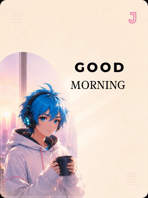 Anime-style blue-haired character wearing headphones and a hoodie holds a coffee mug next to bold "GOOD MORNING" text, a cheerful greeting to match the post's "Good morning CT HSD" message.