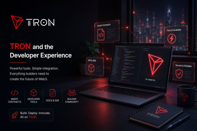 A TRON promotional banner titled 'TRON and the Developer Experience,' highlighting features like Smart Contracts, API & SDK, Fast & Scalable, and Secure & Reliable, with the tagline 'Build. Deploy. Innovate. All on TRON.'