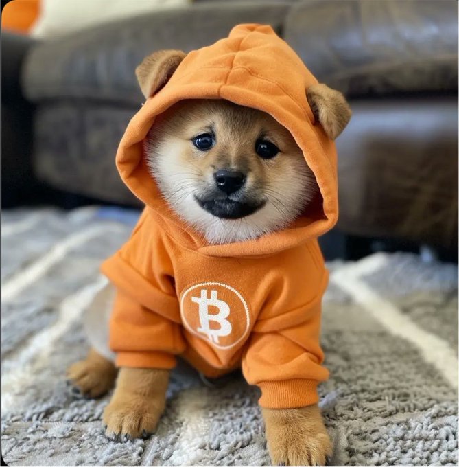 An adorable Shiba Inu puppy wearing an orange hoodie featuring the Bitcoin 'B' logo on the chest, sitting on a gray patterned rug in front of a brown leather couch.