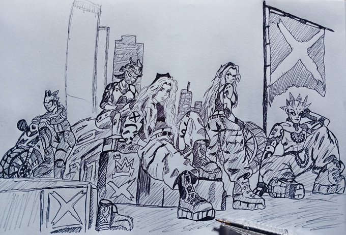 A pen sketch of five stylized characters with spiky hair and edgy fashion posed together in an urban setting with a flag and city skyline in the background.