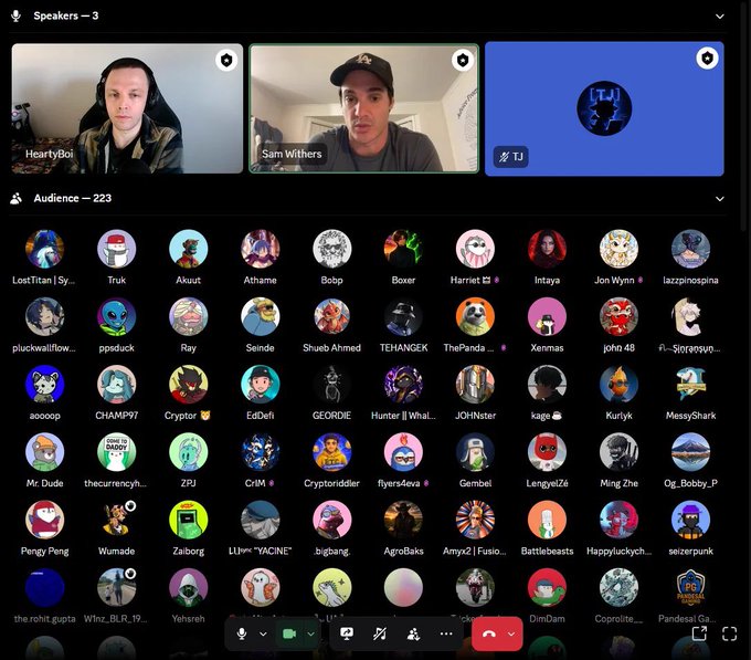 A live Spaces audio chat titled "Speakers — 3" features HeartyBoi, Sam Withers, and TJ addressing an audience of 223 listeners, with attendee avatars including LostTitan, Truk, Bobp, and many others displayed below. The image captures the high engagement of the Pocket Dragons community's first AMA event highlighted in the post.