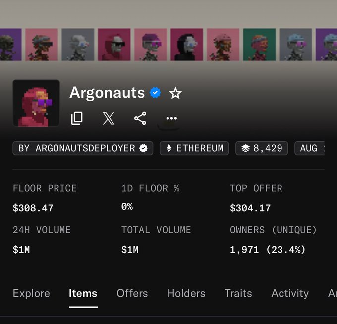 A dark-themed NFT collection page for 'Argonauts' showing a floor price of $308.47, 24H volume of $1M, and 1,971 unique owners.