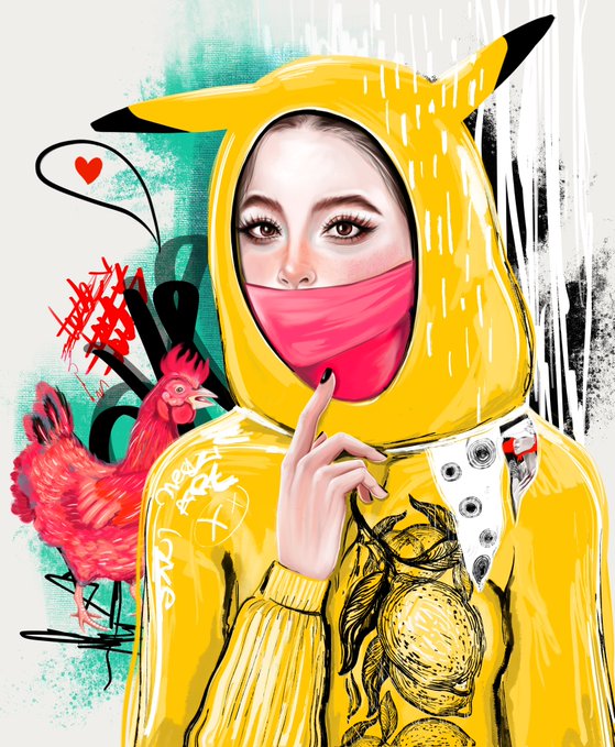 A vibrant illustration of a person wearing a yellow Pikachu hoodie and a pink face mask, with a red chicken and a red heart speech bubble beside them.