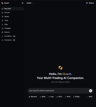A screenshot of a Quant AI trading platform interface showing a dark-themed chatbot that says 'Hello, I'm Quant, Your Multi-Trading AI Companion' with Solana branding and a text input field for BTC price.