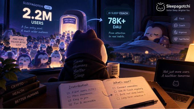 A promotional graphic for Sleepagotchi LITE showing 2.2M users and 78K+ DAU, with the tagline 'Same Humans. Better Sleep.'