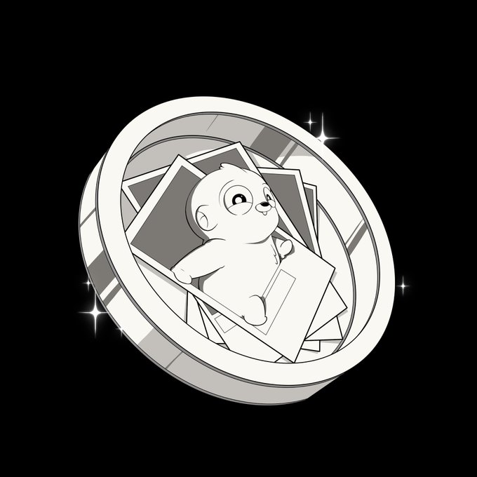 A grayscale illustration of a cute cartoon bear character holding photographs, framed within a circular badge with sparkle effects on a black background.
