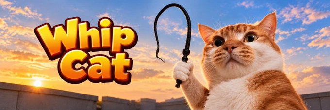 A banner image for the Solana token $WHIPCAT, featuring a wide-eyed orange and white cat holding a whip against a sunset sky, with the bold stylized text "Whip Cat" displayed prominently. The image cleverly matches the token's name by depicting a cat literally wielding a whip, creating a playful visual mascot for the project.