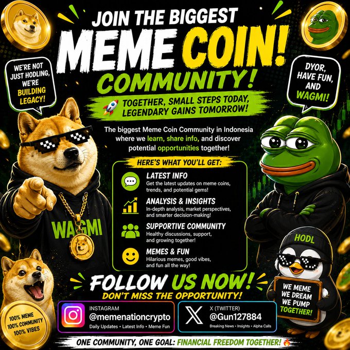 The image is a vibrant promotional graphic for a Meme Coin community called "WAMI," featuring a Shiba Inu dog in sunglasses and a Pepe frog, with the tagline "JOIN THE BIGGEST MEME COIN COMMUNITY!" It highlights community benefits like Latest Info, Analysis & Insights, Supportive Community, and Memes & Fun, and directs viewers to follow Instagram @memenationcrypto and X (Twitter) @Gun127884—matching the post's call to join the meme coin movement and follow the same social handles.