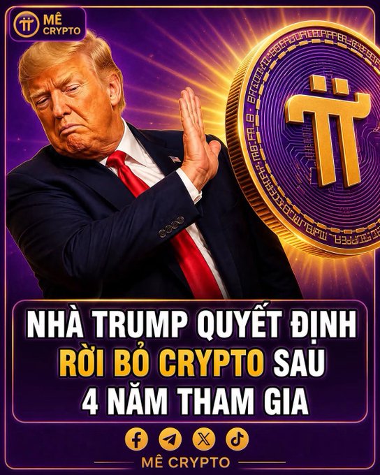 An image of Donald Trump appears alongside a large Pi Network coin, accompanied by Vietnamese text stating "NHÀ TRUMP QUYẾT ĐỊNH RỜI BỎ CRYPTO SAU 4 NĂM THAM GIA" (Trump decides to leave crypto after 4 years of participation). The image serves as a dramatic visual for a post claiming that Trump Media & Technology Group (TMTG) is stopping its crypto plans.