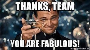 A meme image showing a disheveled man holding a phone, heavily distorted with a blur effect, overlaid with the white text 'THANKS, TEAM' at the top and 'YOU ARE FABULOUS!' at the bottom.