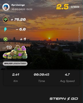 The image shows a fitness app screen displaying the progress of a user's walker challenge. The screen features a sunset backdrop with clouds, indicating that the photo was taken during the day. The user has completed 6 Energy walks using a Walker on the app as part of the challenge. There are two badges visible in the top left corner and one badge in the bottom right corner, both representing the user's achievements within the challenge.